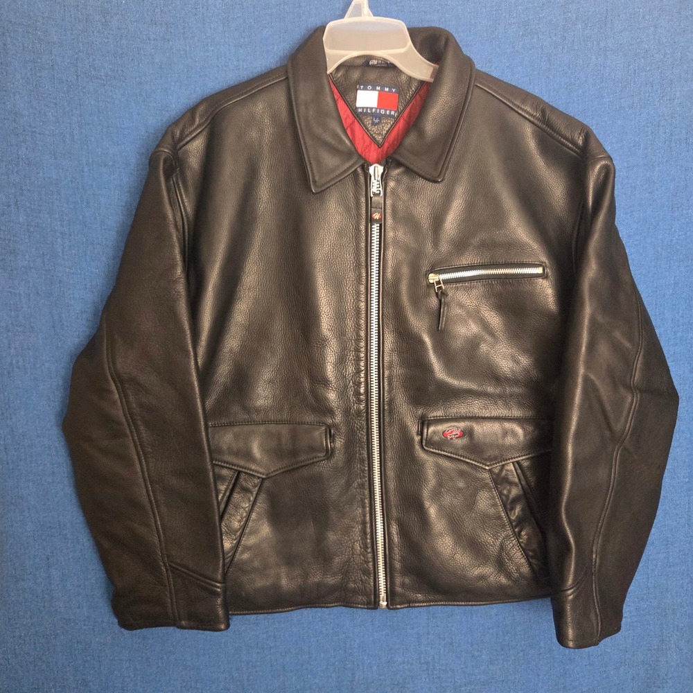 Vintage 90s Tommy Hilfiger Heavyweight Leather Bomber Jacket - Black - Size L